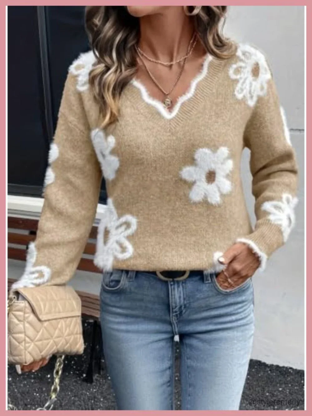 Women's Fuzzy Pullover Sweater V-Neck Long Sleeve Floral Print Cozy Knit Top
